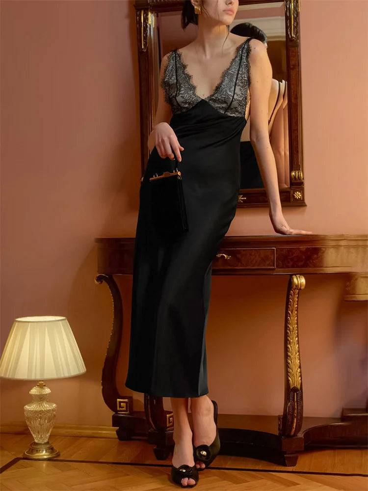 Satin Midi Dress Women | Lace Trim Slip Dress Elegant V Neck Evening Dress
