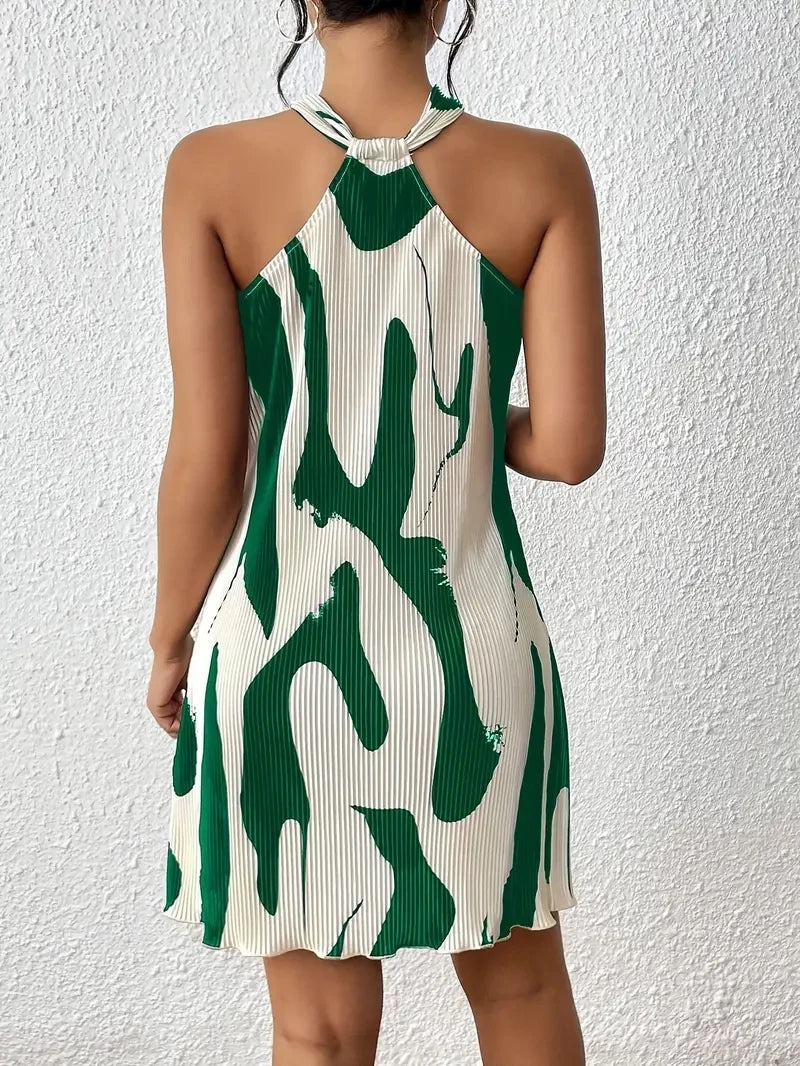 Green Abstract Halter Mini Dress | Chic Summer Vacation Dress