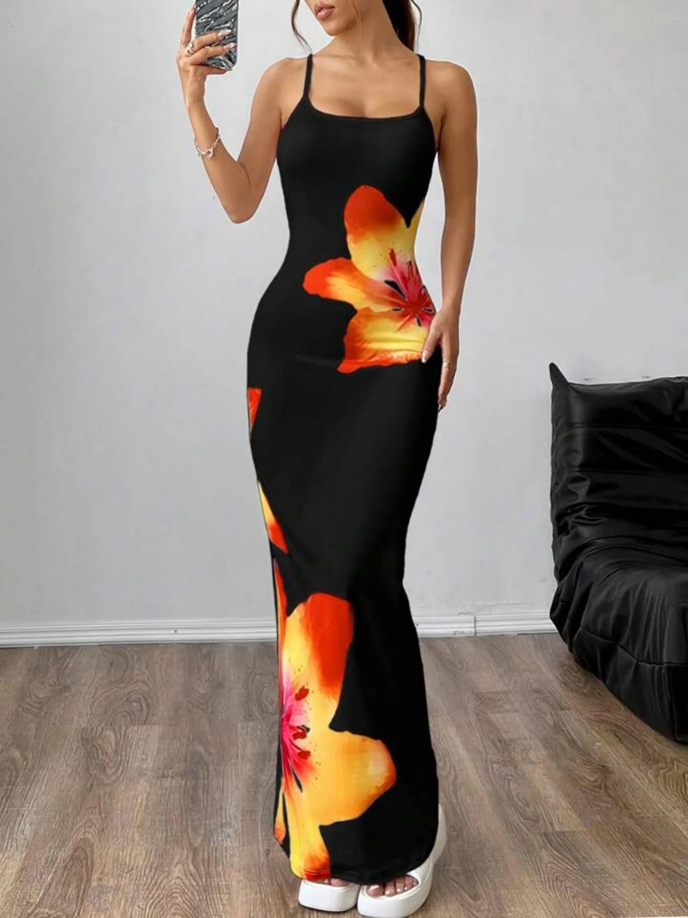 Black Floral Maxi Dress Women | Bodycon Spaghetti Strap Summer Slip Dress