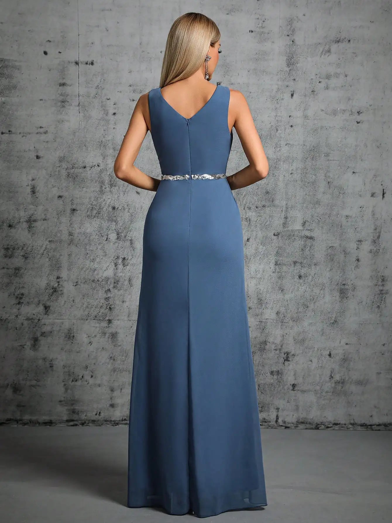 Women’s Dusty Blue Chiffon Evening Gown | Sleeveless V-Neck Formal Maxi Dress with Beaded Waist for Bridesmaids, Weddings & Galas