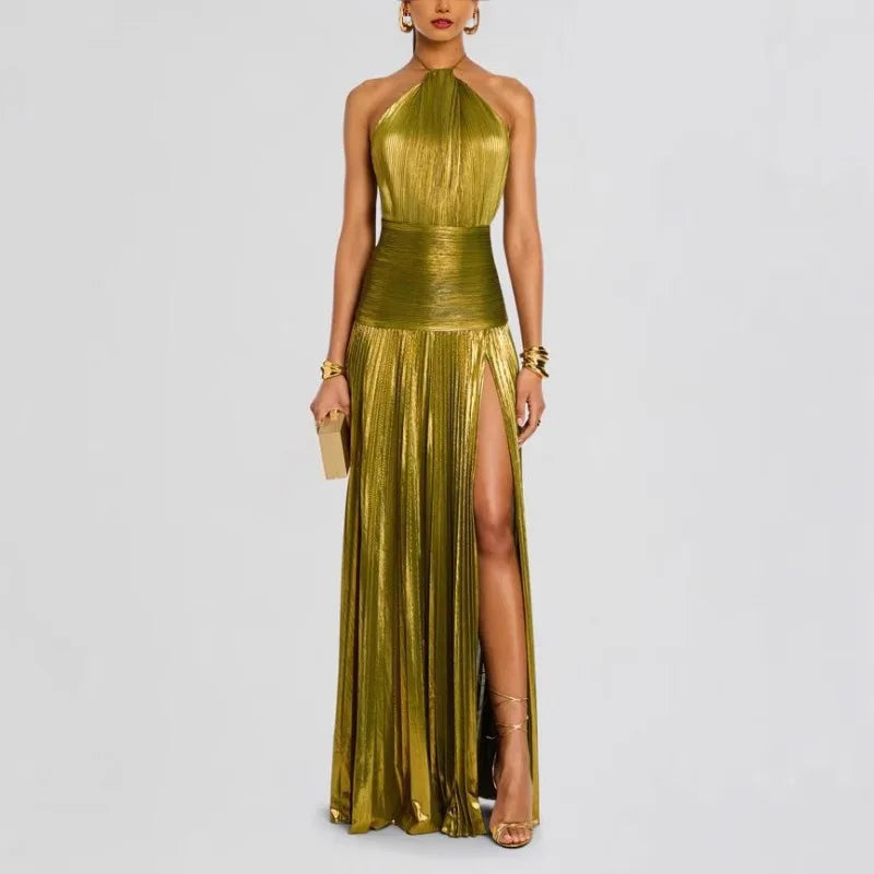 Halter Neck Pleated Maxi Dress Women | High Split Evening Party Dress
