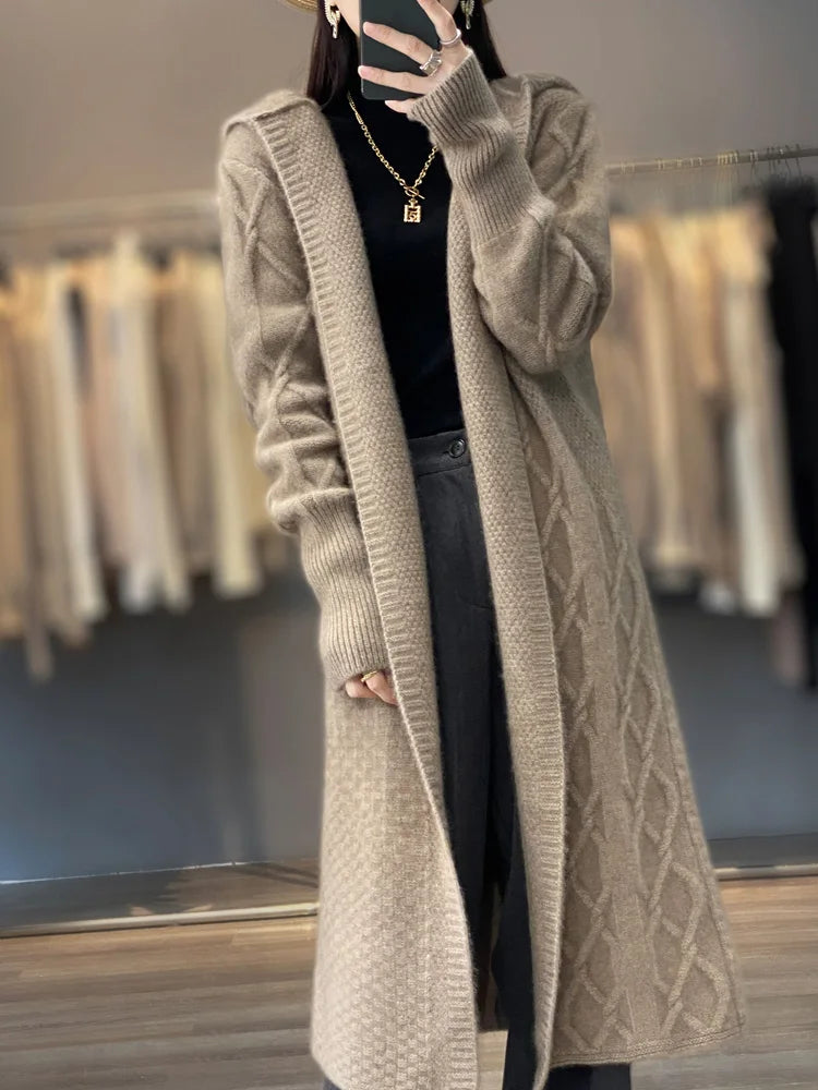 Women’s Long Cable Knit Cardigan | Oversized Cream Cozy Sweater Coat