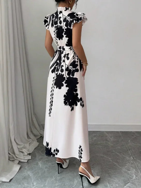 Printed Midi Dress Women | Ruffle Sleeve Belted A Line Elegant Dress