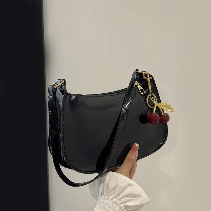 Cherry Charm Patent Leather Shoulder Bag for Women | Y2K Crescent Hobo Bag | Glossy Crossbody Purse | Cute Retro Handbag
