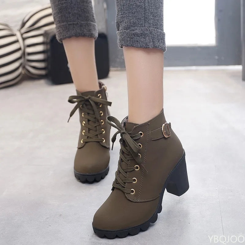 Women’s Chunky Heel Ankle Boots – Lace-Up Platform Boots for Casual, Biker & Winter Fashion Wear