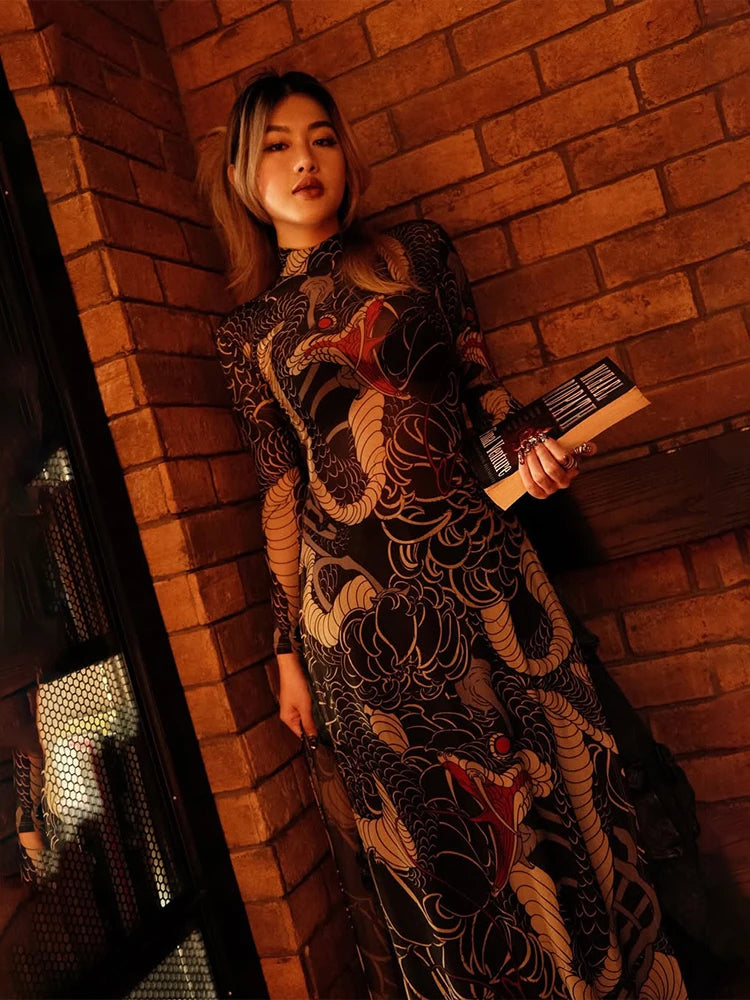 Dragon Print Maxi Dress Women | Long Sleeve High Neck Bodycon Dress