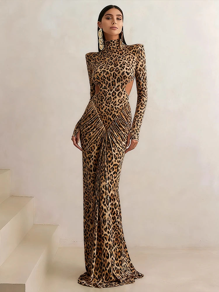 Women’s Leopard Print Cut Out Maxi Dress | Long Sleeve Bodycon Mock Neck Evening Gown for Parties, Galas & Luxury Events