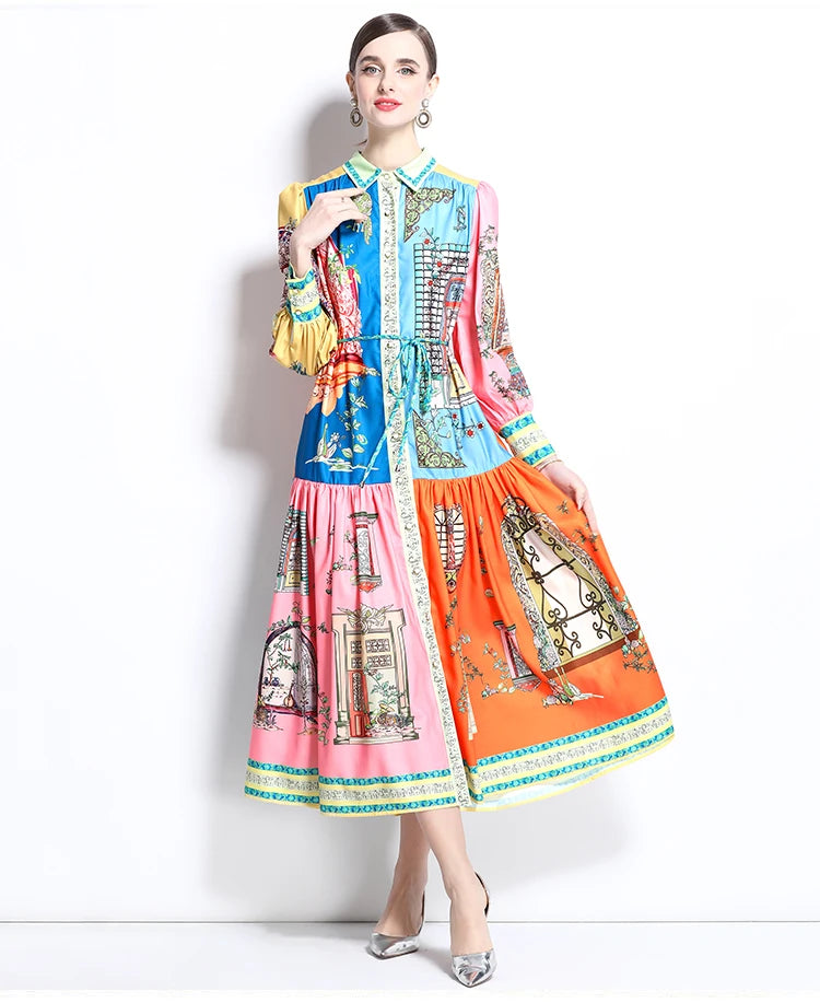 Printed Shirt Midi Dress Women | Long Sleeve Button Down A Line Dress