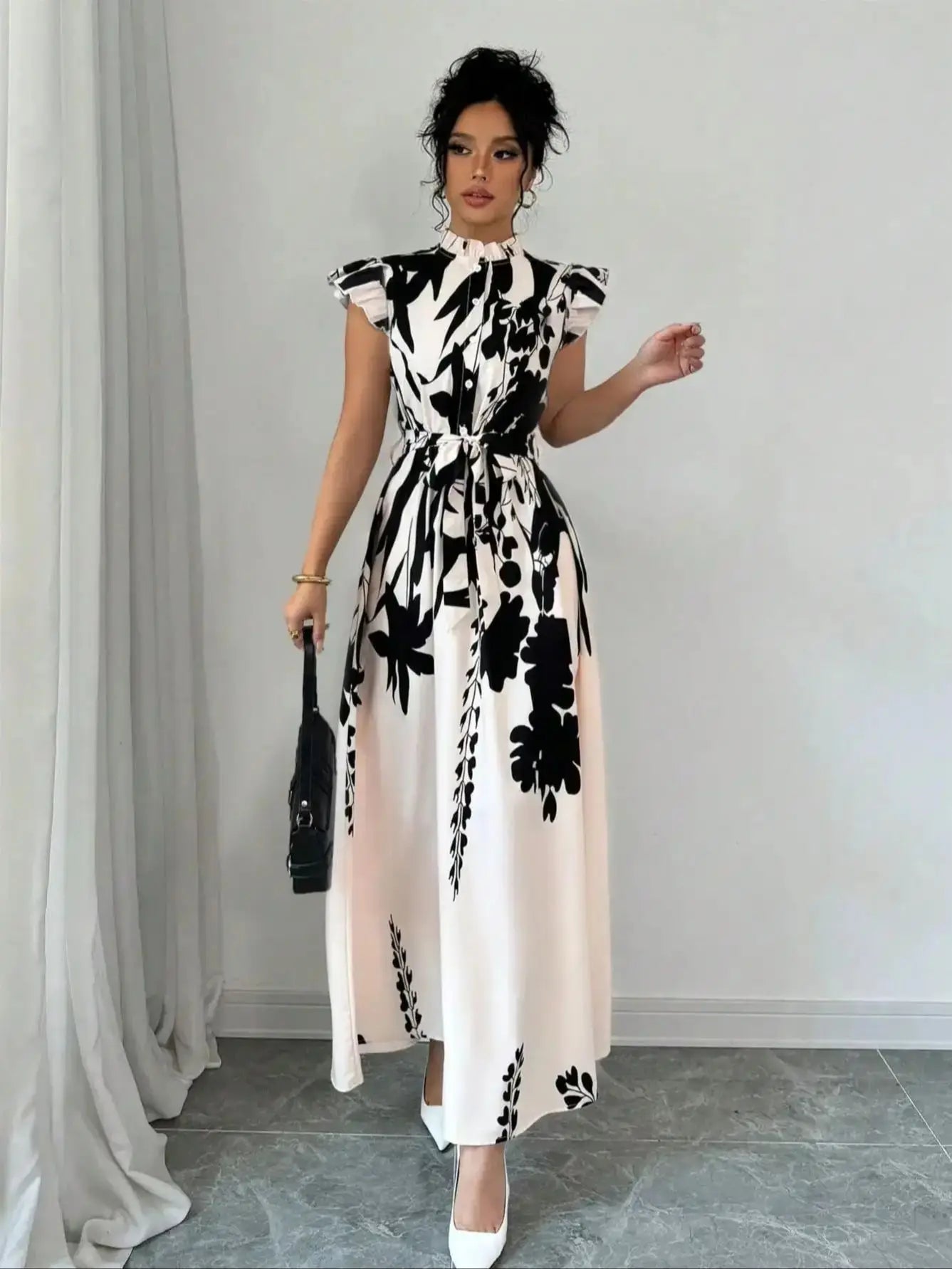 Printed Midi Dress Women | Ruffle Sleeve Belted A Line Elegant Dress