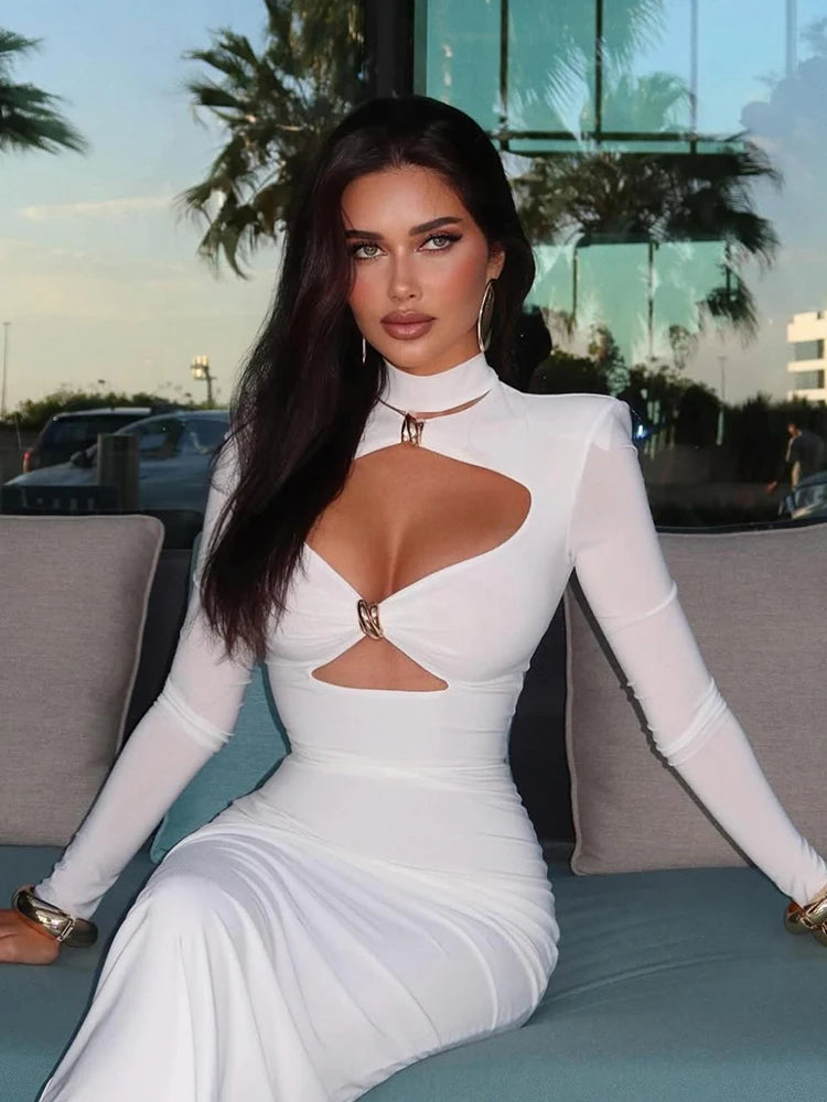 Cut Out Bodycon Maxi Dress Women | Long Sleeve High Neck Elegant Party Dress