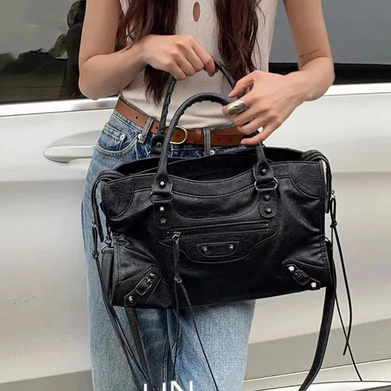 Vintage Motorcycle Leather Tote Bag for Women | Large Slouchy Shoulder Handbag | Y2K Retro Crossbody Satchel | Everyday Travel Purse