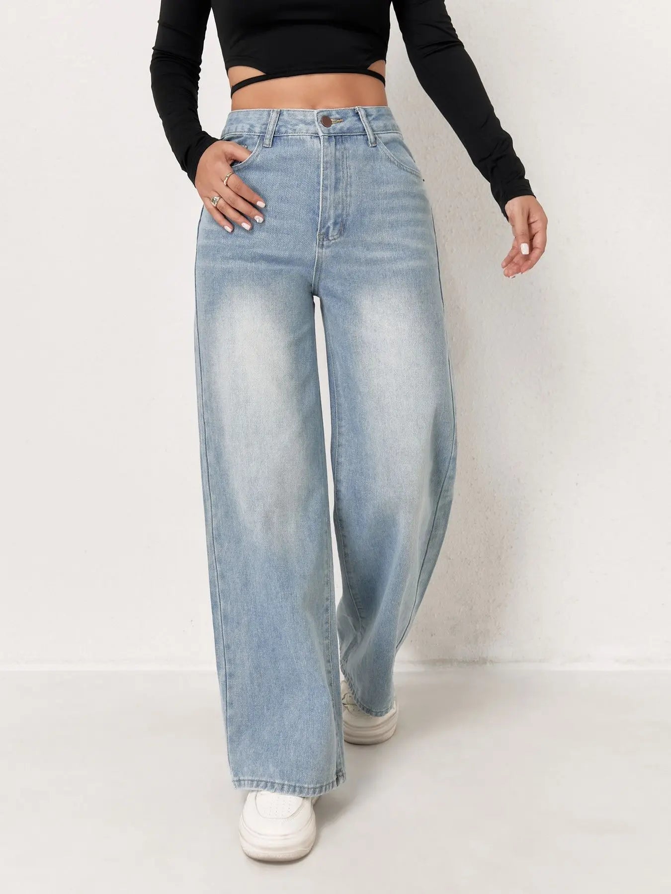 Women High Waist Wide Leg Jeans Minimalist Loose Fit Denim Trousers