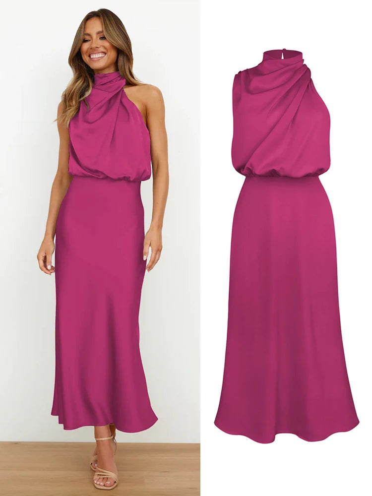 High Neck Satin Maxi Dress Women | Sleeveless Elegant Evening Dress
