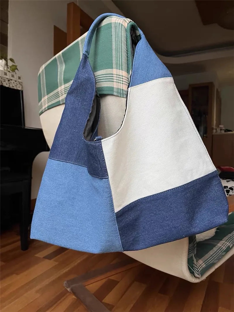 Denim Hobo Shoulder Bag for Women | Casual Patchwork Tote Handbag | Minimalist Everyday Purse | Trendy Denim Carry Bag