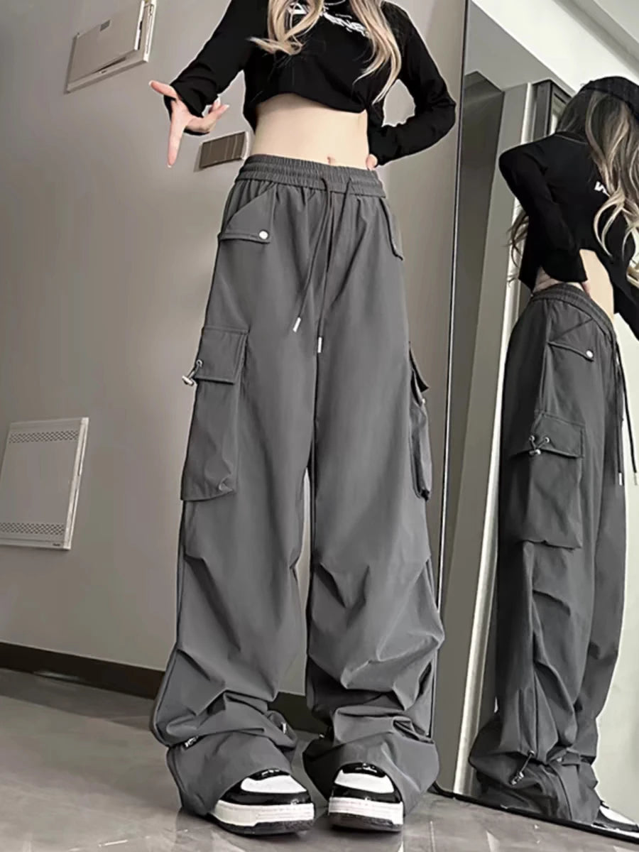 Women High Waist Baggy Cargo Pants Streetwear Wide Leg Parachute Trousers