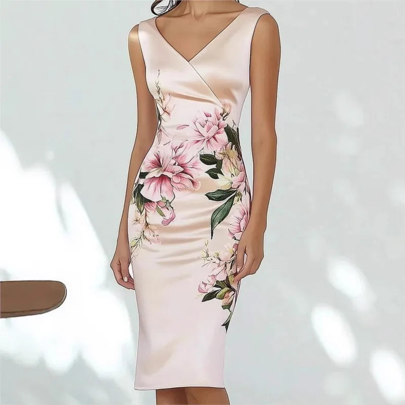 Floral Bodycon Midi Dress Women | Sleeveless V Neck Elegant Occasion Dress