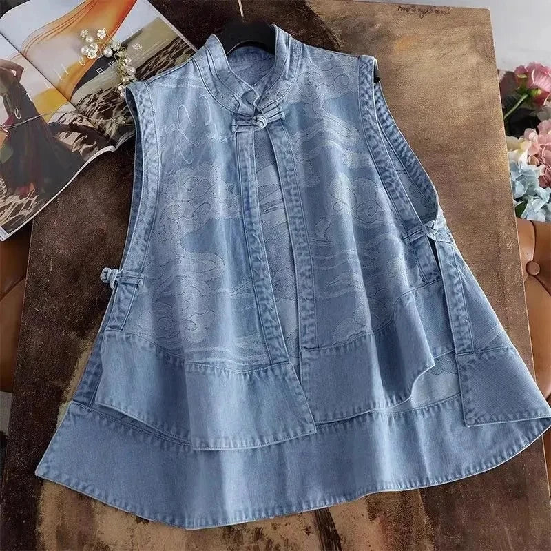 Women’s Vintage Blue Mandarin Collar Denim Vest | Sleeveless Embroidered A-Line Tunic Top for Casual, Boho & Everyday Wear