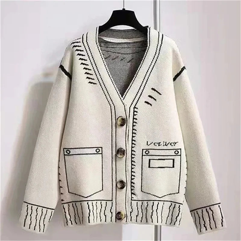Women’s Oversized Contrast Knit Cardigan | Graphic Black & White Button-Up Sweater Coat