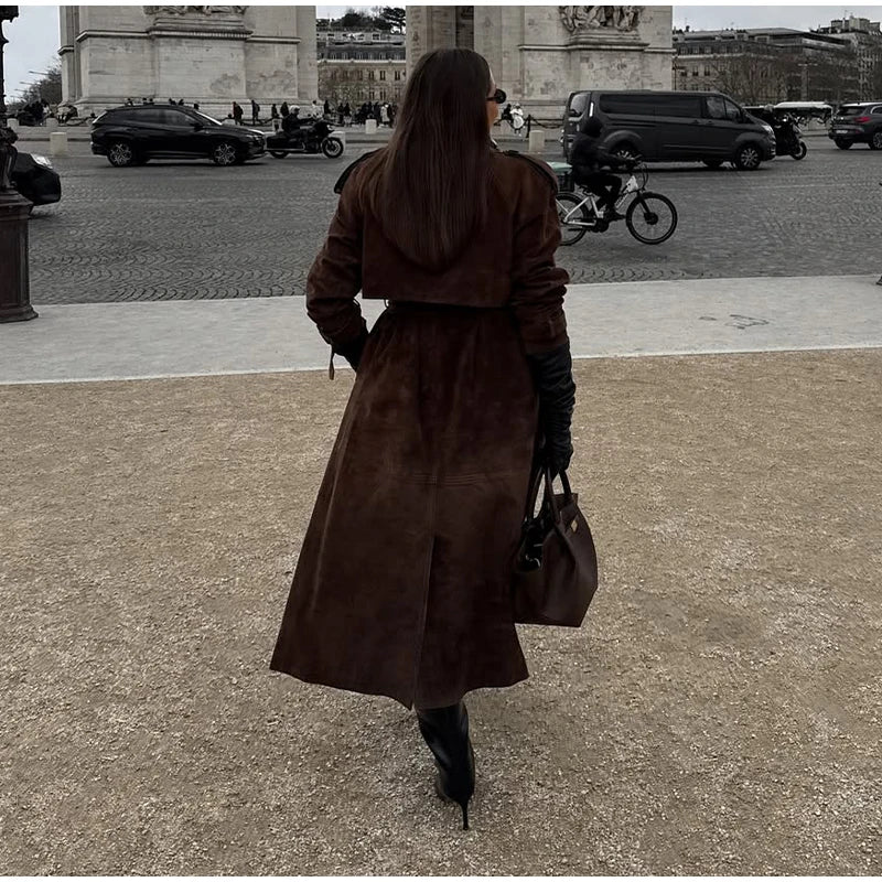 Women’s Vintage Brown Faux Leather Trench Coat | Long Belted Double Breasted Overcoat