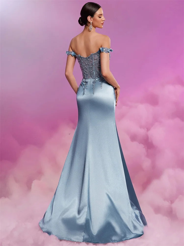 Women’s Dusty Blue Off Shoulder Satin Evening Gown | Lace Appliqué Corset Prom Dress with High Slit for Weddings, Galas & Formal Events