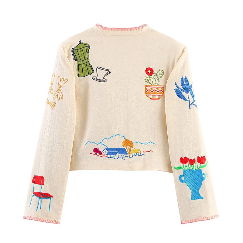 Women’s Embroidered Cropped Jacket | Vintage Cream Artistic Floral Casual Statement Coat