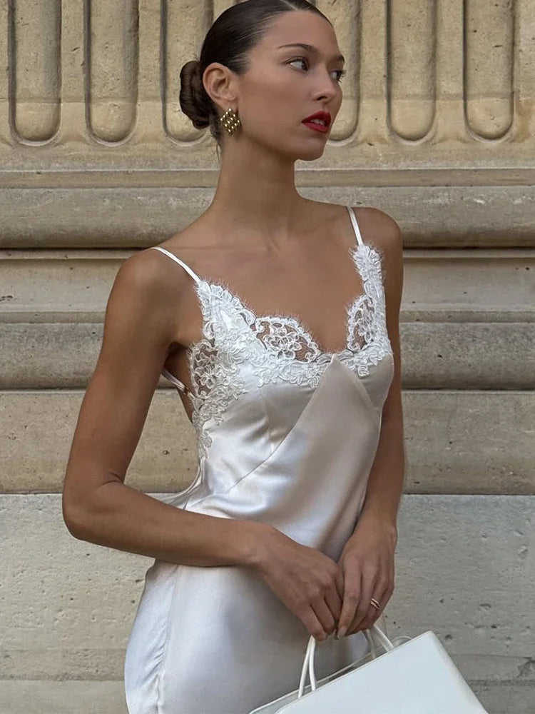 Women’s White Lace Trim Satin Maxi Dress | Elegant Slip Evening Gown for Weddings, Bridal Events & Formal Occasions