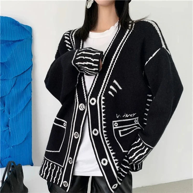 Women’s Oversized Contrast Knit Cardigan | Graphic Black & White Button-Up Sweater Coat