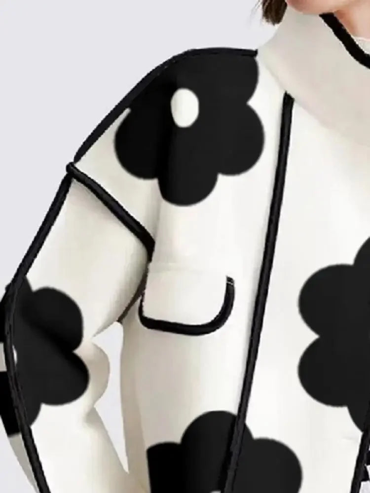 Women’s Black & White Floral Jacket | Oversized Retro Flower Print Statement Coat Casual Outerwear