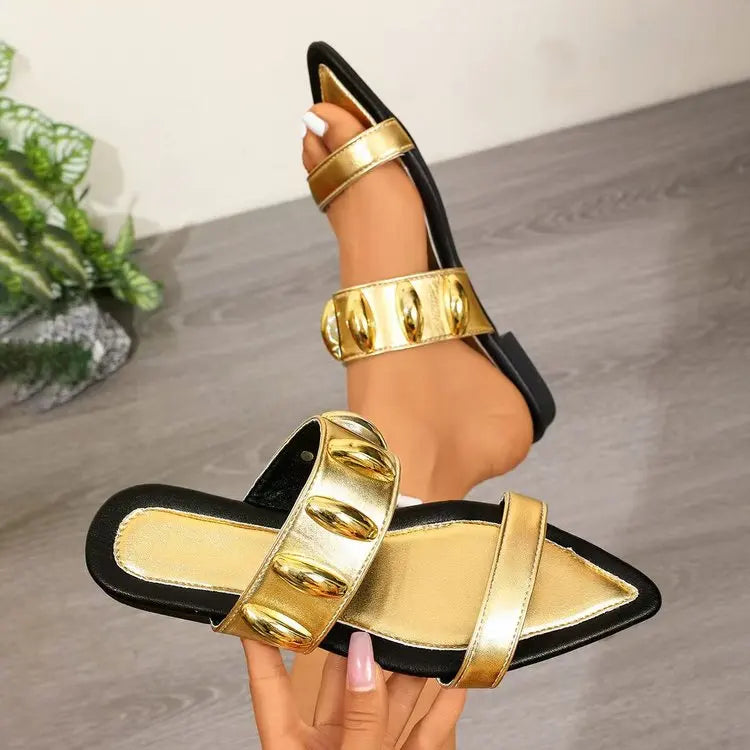 Women’s Pointed Toe Slide Sandals – Gold Chain Flat Mules for Casual, Party & Summer Fashion