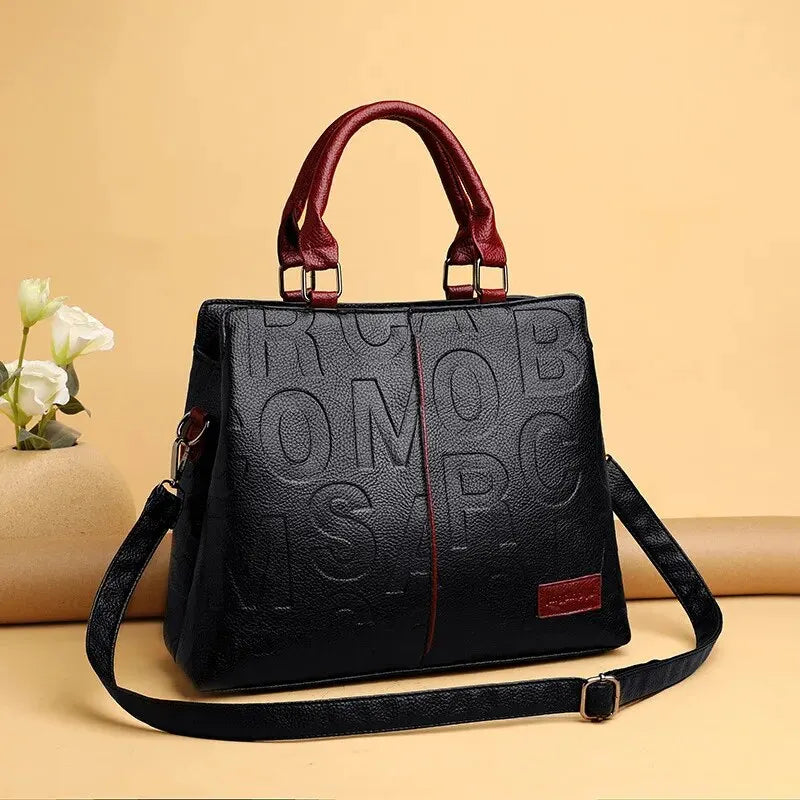 Black Embossed Top Handle Handbag for Women | Elegant Structured Crossbody Satchel Purse | Luxury Office Shoulder Bag