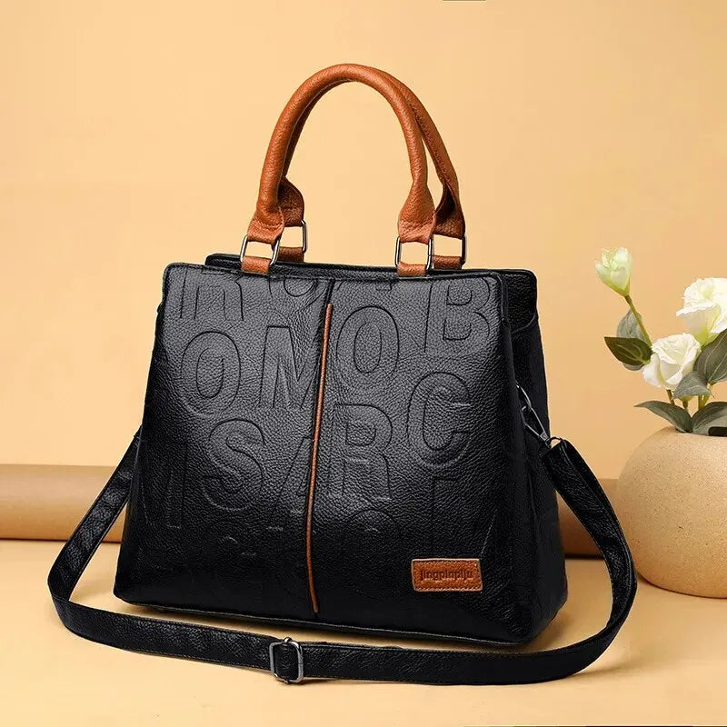 Black Embossed Top Handle Handbag for Women | Elegant Structured Crossbody Satchel Purse | Luxury Office Shoulder Bag