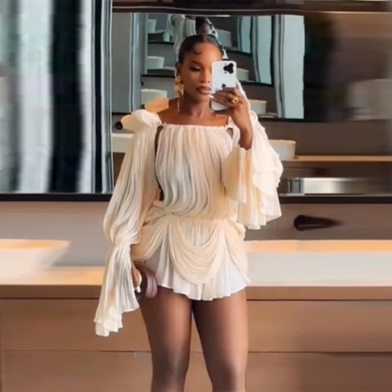 Women’s Pleated Mini Dress | Elegant Off Shoulder Statement Party & Cocktail Dress