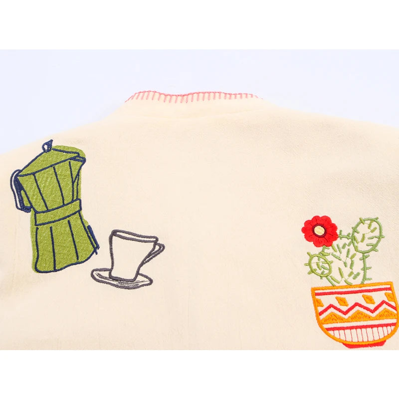 Women’s Embroidered Cropped Jacket | Vintage Cream Artistic Floral Casual Statement Coat