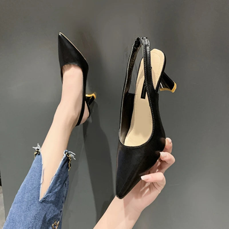 Women’s Minimal Slingback Block Heels – Elegant Pointed Toe Pumps for Office, Party & Formal Wear