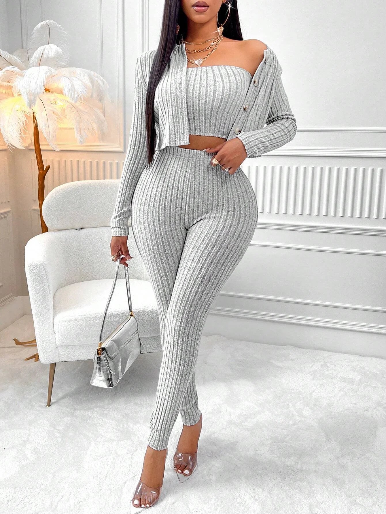Women's Ribbed Knit Three Piece Co-Ord Set | Bandeau Top, Cardigan & High Waist Trousers Outfit