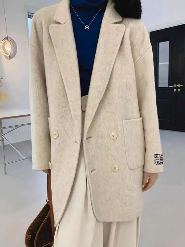 Women’s Oversized Wool Blend Blazer Coat | Minimalist Double Breasted Long Jacket