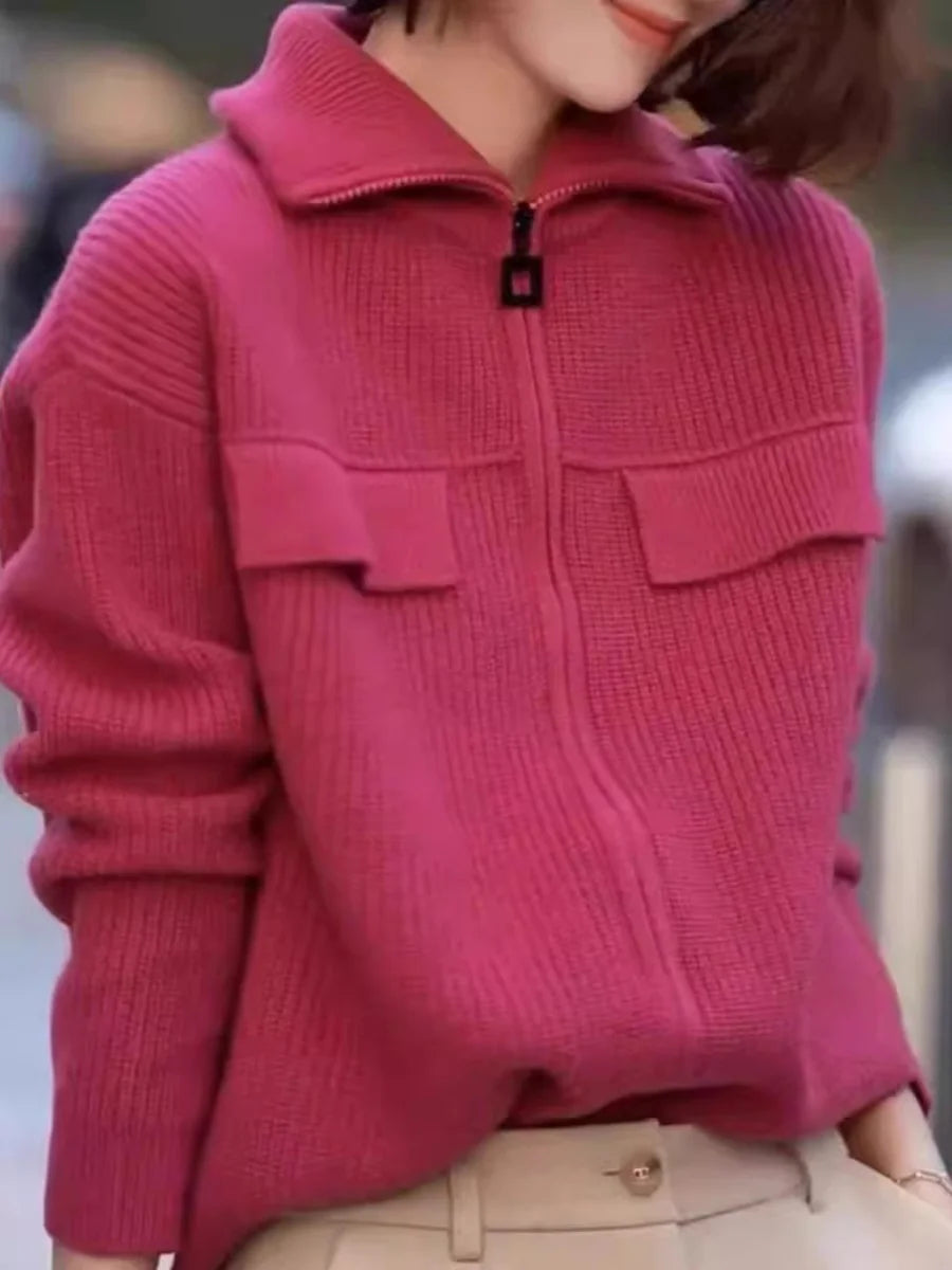 Women’s Ribbed Zip Up Knit Sweater Jacket | Cozy Pink Collared Cardigan Top