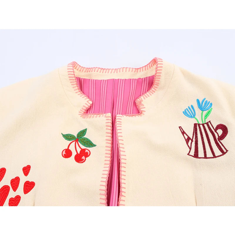 Women’s Embroidered Cropped Jacket | Vintage Cream Artistic Floral Casual Statement Coat