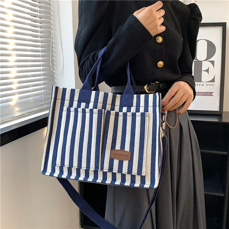 Striped Canvas Tote Bag for Women | Large Capacity Shoulder Handbag | Casual Travel Shopper Purse | Everyday Utility Tote