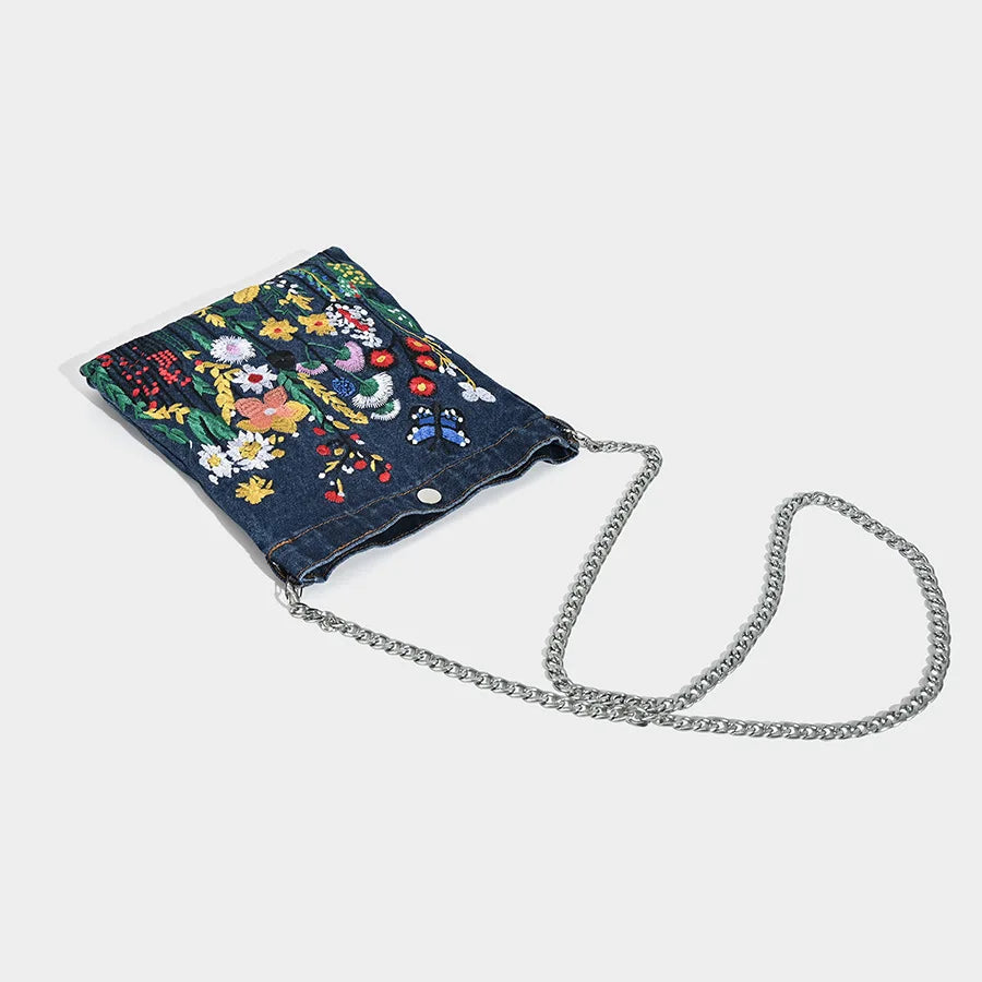 Embroidered Denim Shoulder Bag for Women | Floral Chain Crossbody Purse | Vintage Casual Handbag | Trendy Everyday Tote