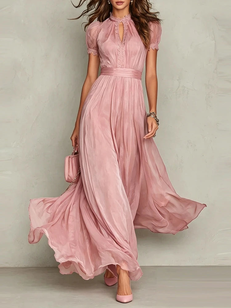 Women’s Vintage Plum Chiffon Maxi Dress | Elegant Puff Sleeve Pleated Formal Dress for Weddings, Evening Parties & Special Occasions