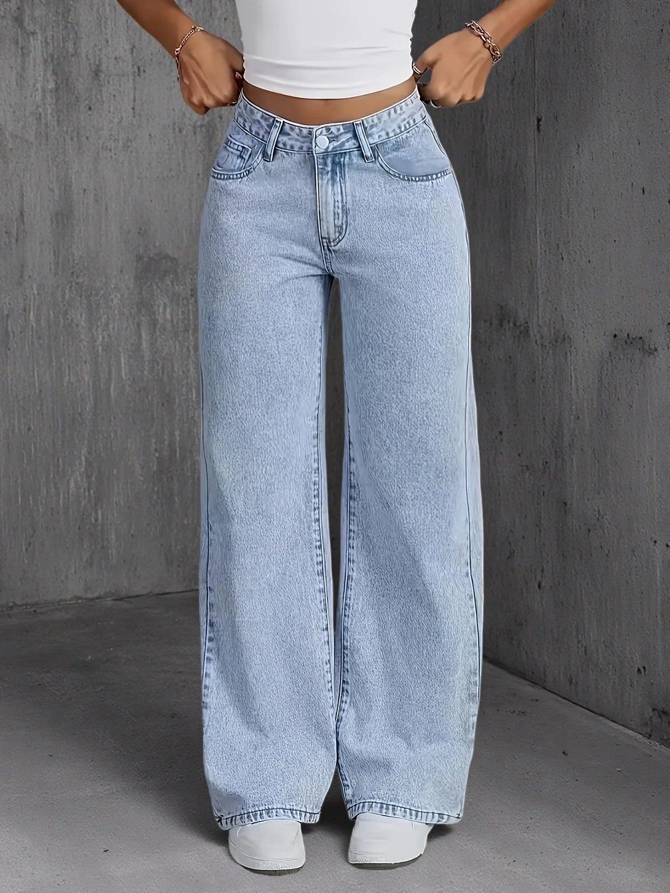 Women High Waist Wide Leg Jeans Minimalist Loose Fit Denim Trousers