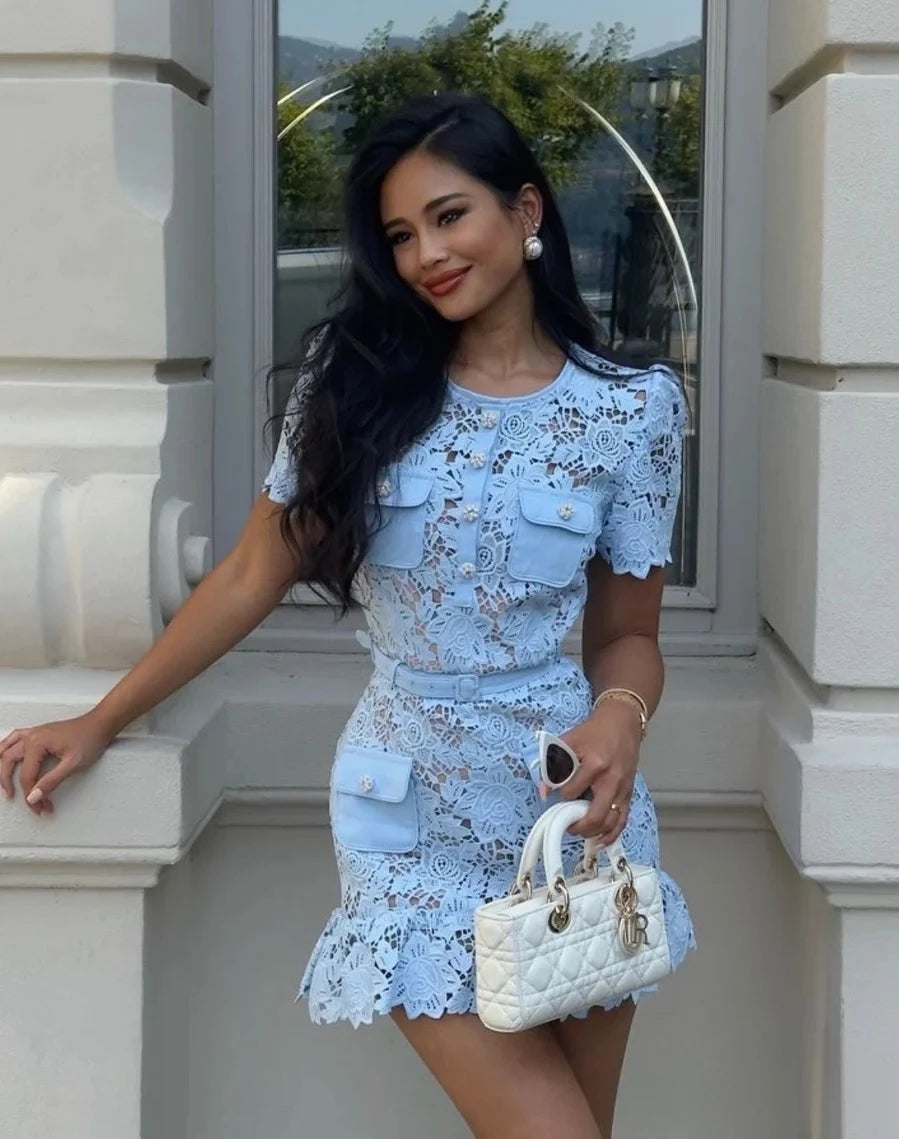 Lace Mini Dress Women | Elegant Short Sleeve Fitted Party Dress