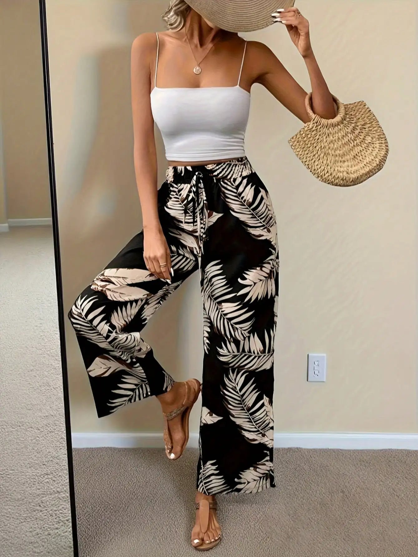 Women Tropical Print Wide Leg Palazzo Pants High Waist Vacation Trousers