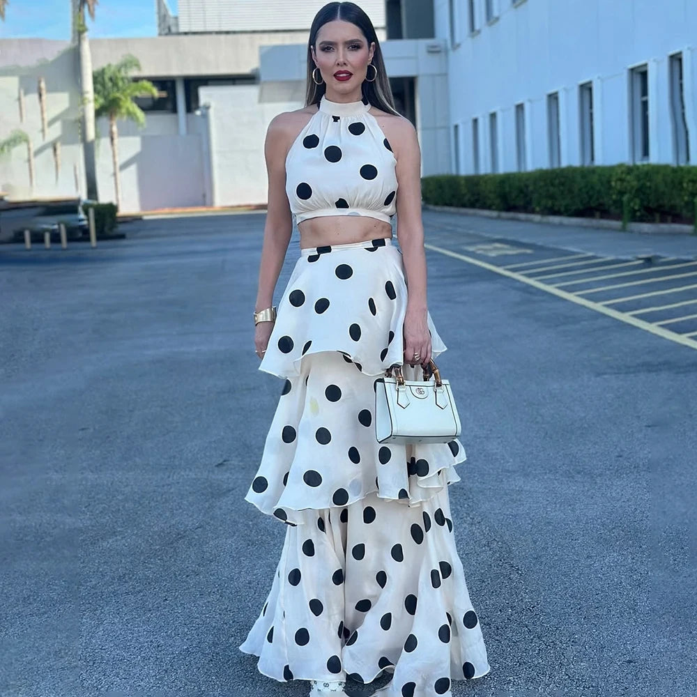 Women's Polka Dot Halter Crop Top & Tiered Maxi Skirt Co-Ord Set | Elegant Two Piece Occasion Outfit