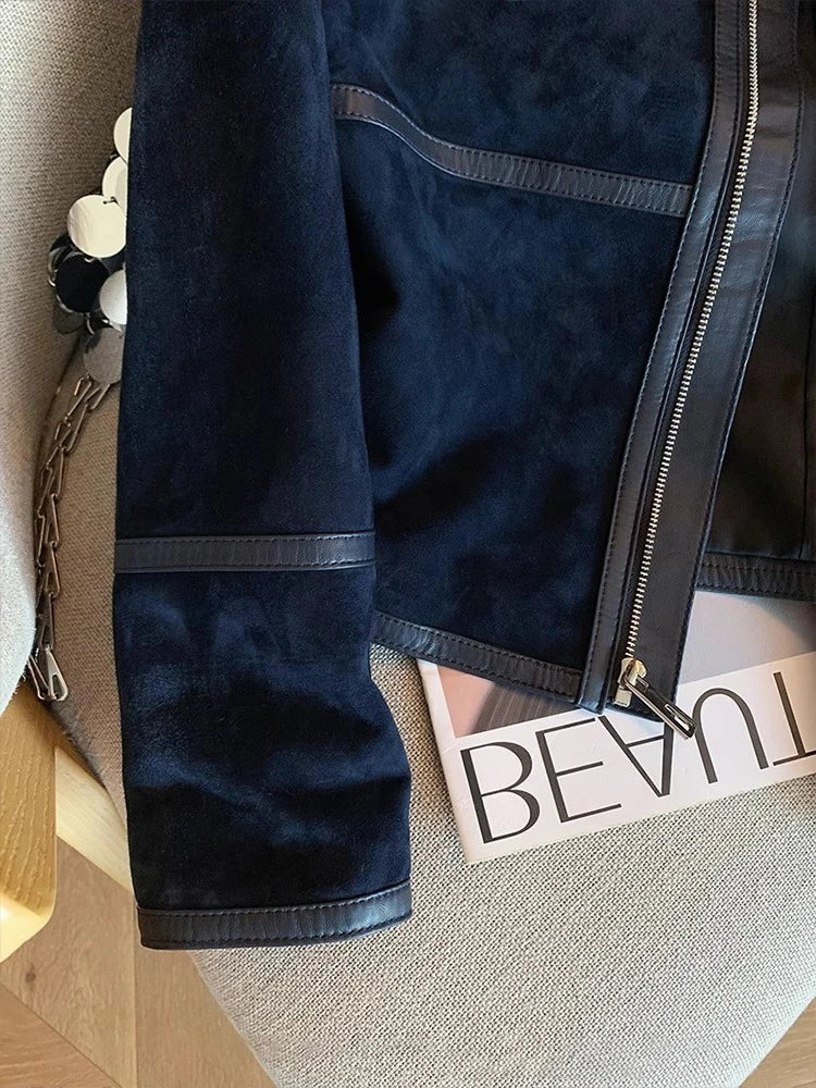 Women’s Navy Blue Faux Suede Moto Jacket | Zip-Up Cropped Biker Jacket with Faux Leather Trim for Casual, Streetwear & Fall Fashion