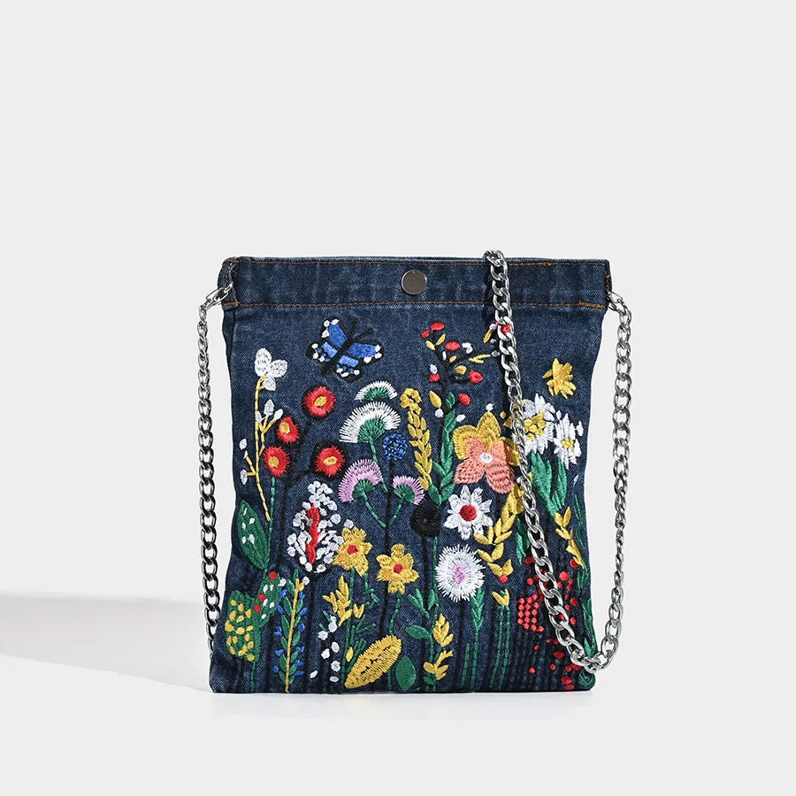 Embroidered Denim Shoulder Bag for Women | Floral Chain Crossbody Purse | Vintage Casual Handbag | Trendy Everyday Tote