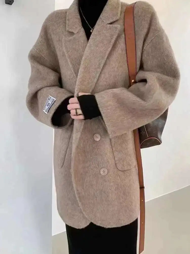 Women’s Oversized Wool Blend Blazer Coat | Minimalist Double Breasted Long Jacket
