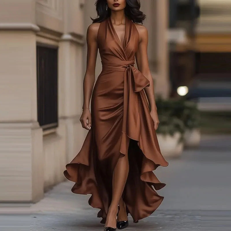 Satin Halter Neck Maxi Dress with High Low Hem | Elegant Evening Dress