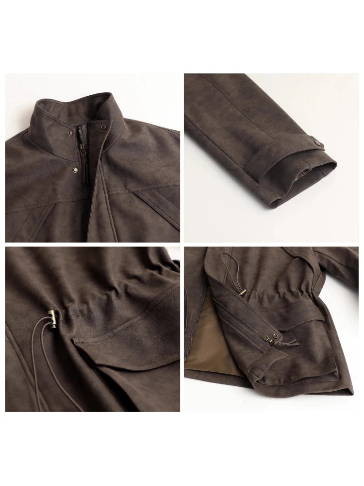 Women’s Brown Oversized Utility Jacket | Vintage Drawstring Safari Coat with Stand Collar for Casual, Travel & Fall Streetwear